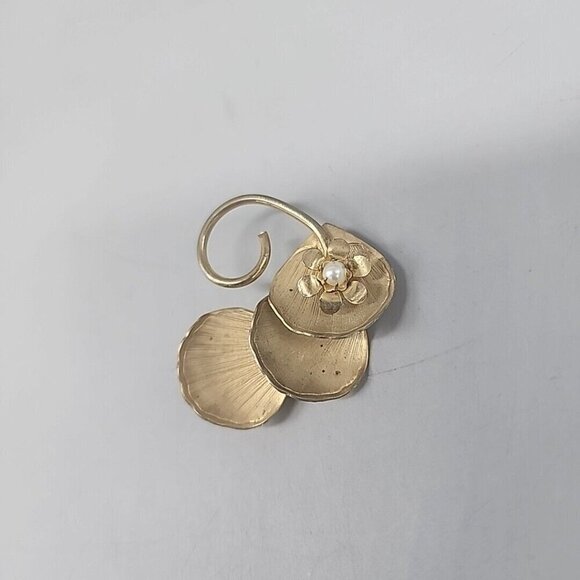 Vintage Spring Pansy Viola Flower Faux Pearl Gold tone Brooch - Picture 2 of 4